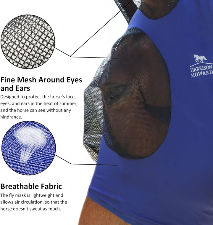 Harrison Howard Super Comfort Stretchy Fly Mask Large Eye Space with UV Protection Soft on Skin with Breathability Navy Blue Cob (Medium)