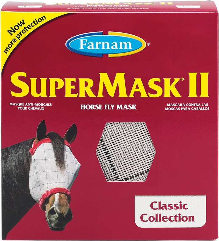 Supermask II Fly Mask without Ears for Average Size Horses, Full Face Coverage and Eye Protection from Insect Pests, Structured Classic Styling Mesh with Plush Trim, Horse Size