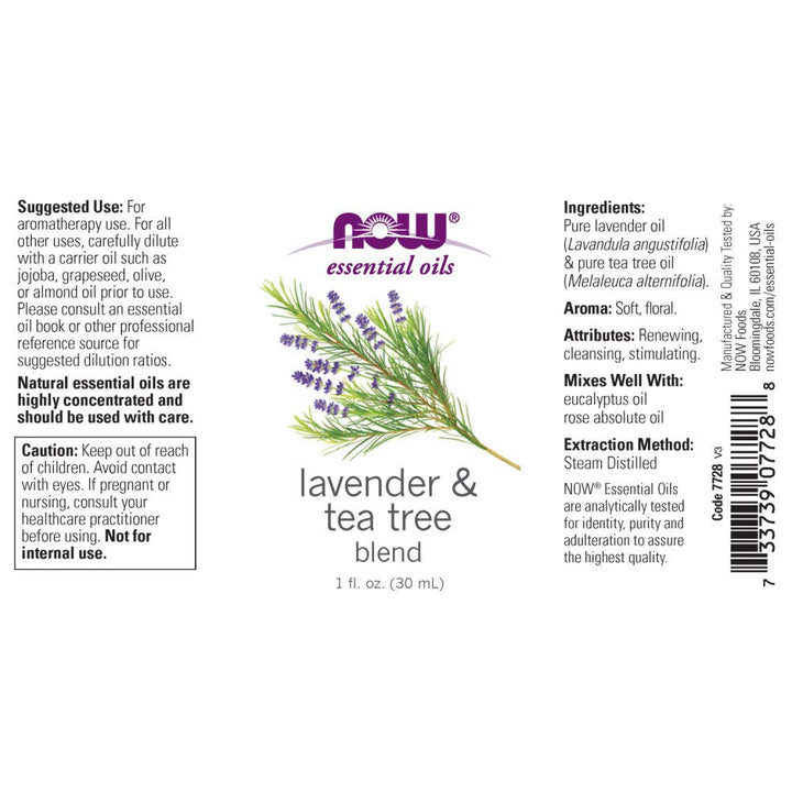 NOW Essential Oils, Lavender & Tea Tree Oil, Stimulating Aromatherapy Scent, Blend of Pure Lavender Oil and Pure Tea Tree Oil, Vegan, Child Resistant Cap, 1-Ounce