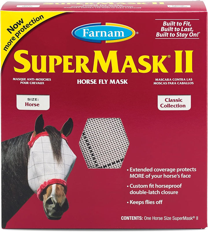 Supermask II Fly Mask without Ears for Average Size Horses, Full Face Coverage and Eye Protection from Insect Pests, Structured Classic Styling Mesh with Plush Trim, Horse Size