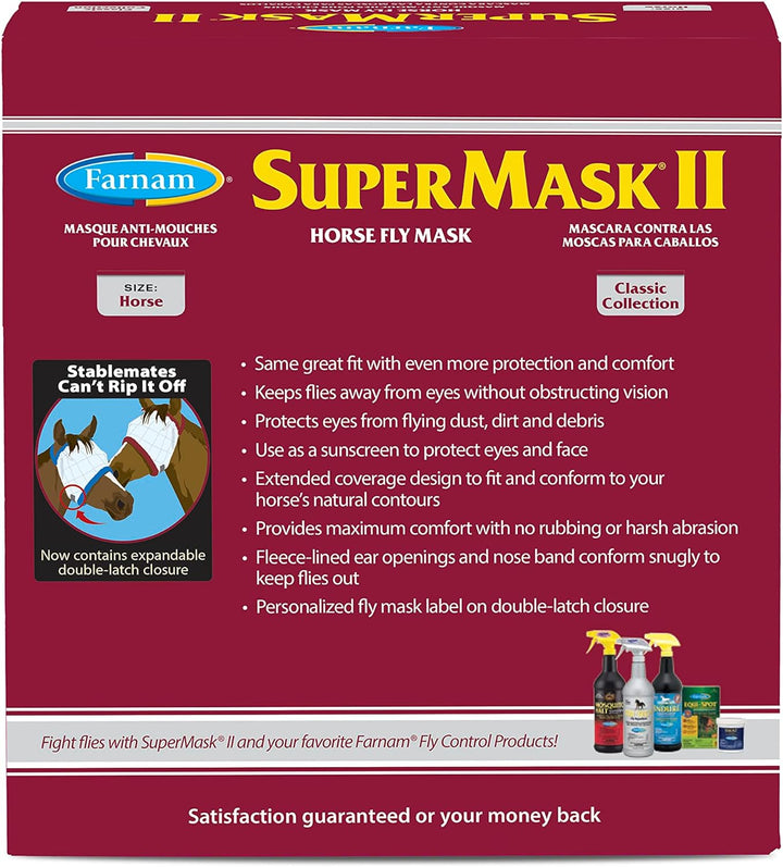 Supermask II Fly Mask without Ears for Average Size Horses, Full Face Coverage and Eye Protection from Insect Pests, Structured Classic Styling Mesh with Plush Trim, Horse Size