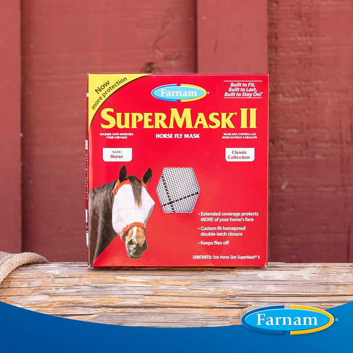 Supermask II Fly Mask without Ears for Average Size Horses, Full Face Coverage and Eye Protection from Insect Pests, Structured Classic Styling Mesh with Plush Trim, Horse Size