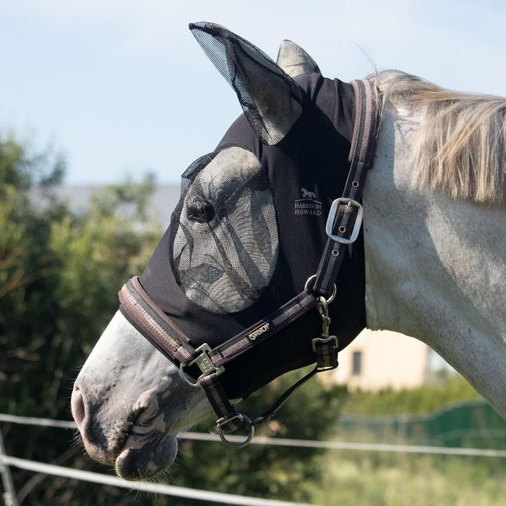 Harrison Howard Super Comfort Stretchy Fly Mask Large Eye Space with UV Protection Soft on Skin with Breathability Navy Blue Cob (Medium)