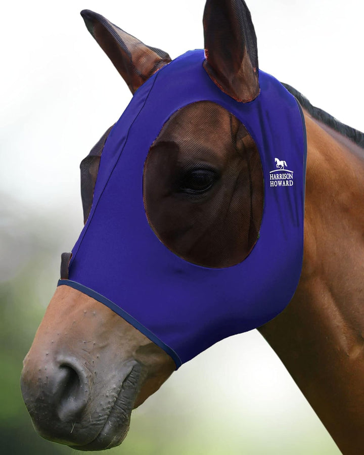 Harrison Howard Super Comfort Stretchy Fly Mask Large Eye Space with UV Protection Soft on Skin with Breathability Navy Blue Cob (Medium)