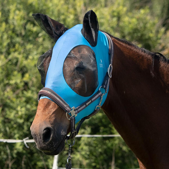 Harrison Howard Super Comfort Stretchy Fly Mask Large Eye Space with UV Protection Soft on Skin with Breathability Navy Blue Cob (Medium)