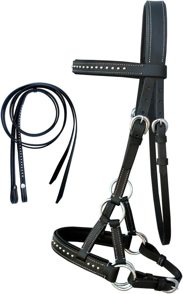 Horse Western English Leather Bitless Sidepull Bridle Reins Black Full 7708BK-F