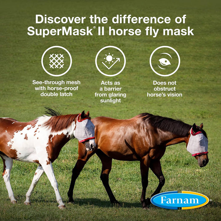 Supermask II Fly Mask without Ears for Average Size Horses, Full Face Coverage and Eye Protection from Insect Pests, Structured Classic Styling Mesh with Plush Trim, Horse Size