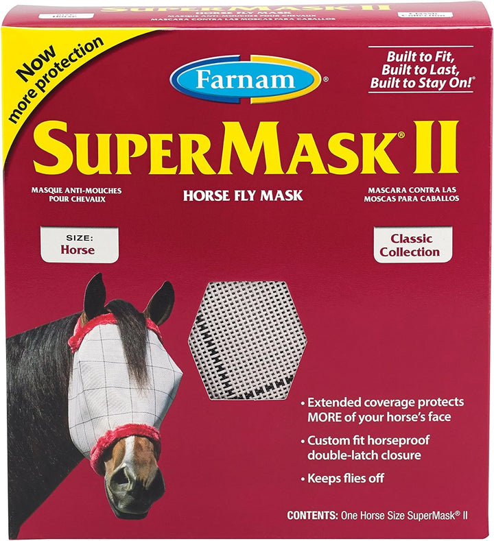 Supermask II Fly Mask without Ears for Average Size Horses, Full Face Coverage and Eye Protection from Insect Pests, Structured Classic Styling Mesh with Plush Trim, Horse Size